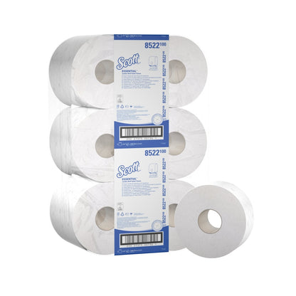 Tolv store ruller Scott® ESSENTIAL™ toiletpapir - stor rulle fra Kimberly-Clark GmbH er pakket i blå-hvid, med produktinformation og stregkode - ideel til meget besøgte toiletrum. Hver rulle indeholder 474 ark.