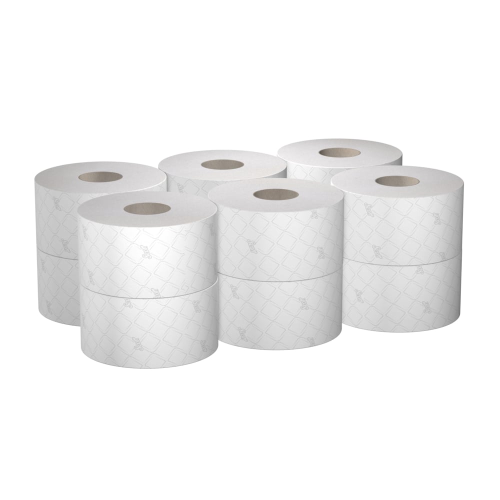 Tolv ruller Scott® ESSENTIAL™ toiletpapir fra Kimberly-Clark GmbH med hver 474 ark er rent pakket til hygiejniske toiletrum - ideel til alle, der søger pålideligt toiletpapir med høj kapacitet.