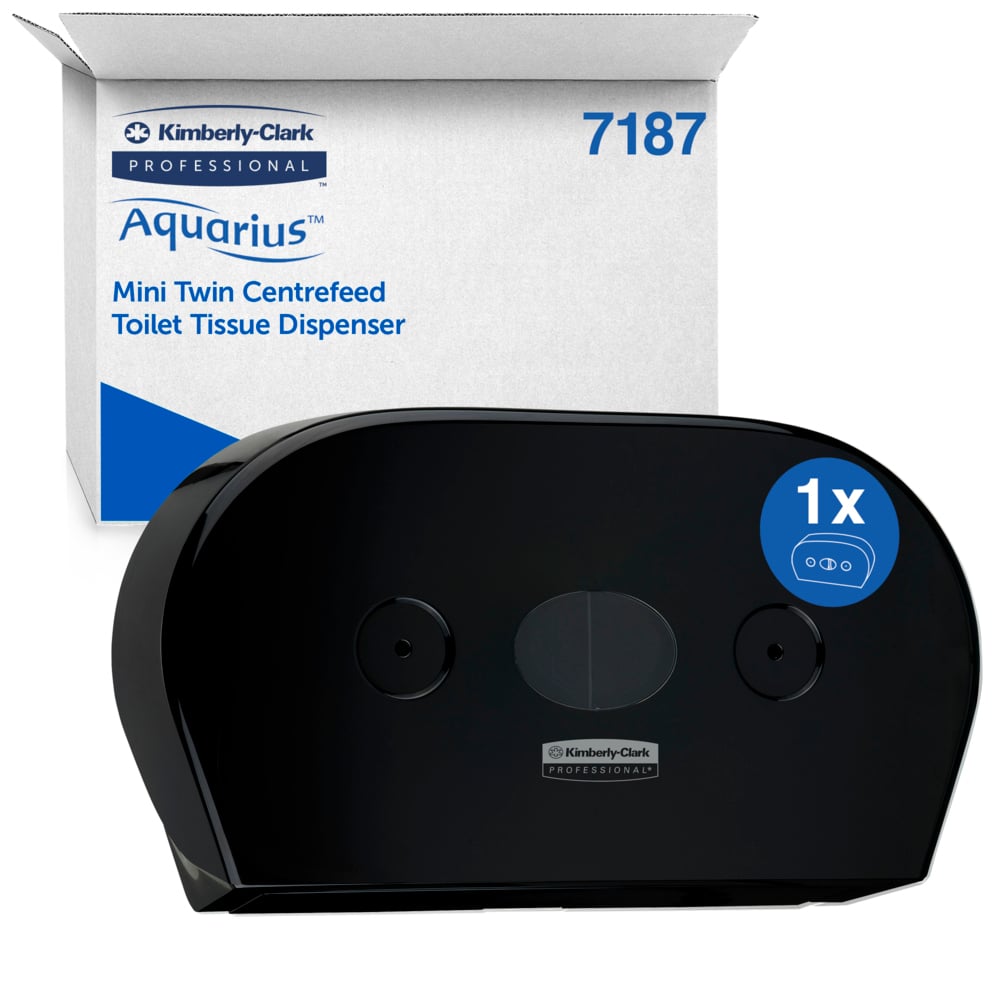 En sort Kimberly-Clark Professional™ toiletpapirdispenser - centraludtag/Jumbo fra Kimberly-Clark GmbH er afbildet foran sin hvid-blå emballagekasse, der er mærket med produktinformationer og nummeret 7187.