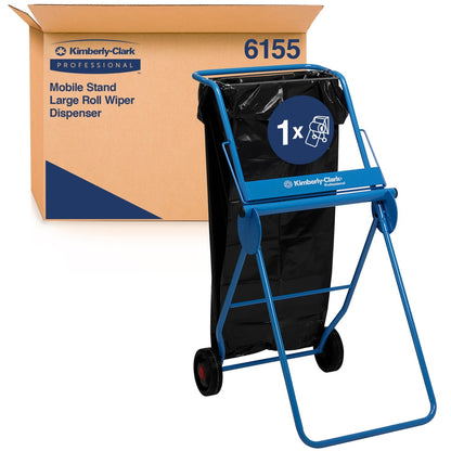 En Kimberly-Clark Professional™ Mobilstander til aftørringsruller - Storrulle/Blå (1 dispenser, Kimberly-Clark GmbH) står foran sin emballage og viser plads til en aftørringsrulle storrulle samt en sort affaldspose.