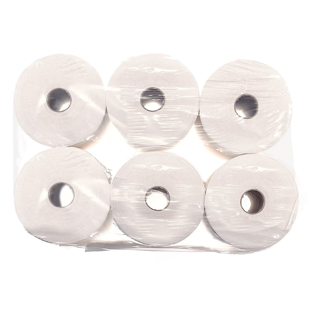 Seks Scott® Control™ Slimroll™ håndklæder, hvid, fra Kimberly-Clark GmbH, er pakket som 6 ruller pr. kasse - perfekt til hygiejnisk håndtørring i ethvert vaskerum.