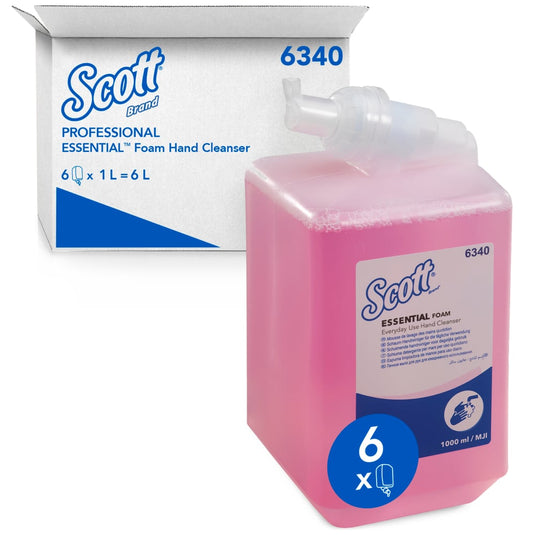Scott® Essential™ skumsæbe til daglig brug (1 l, lyserød, patron) fra Kimberly-Clark GmbH fås i en karton med 6 patroner – i alt 6 liter påfyldningsmængde til din håndhygiejne.