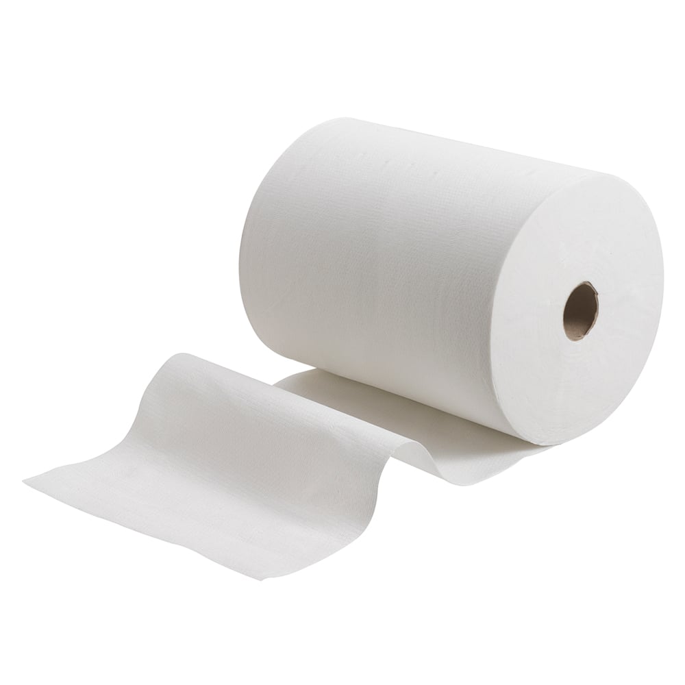 En stor rulle Scott® Control™ Slimroll™ håndklæder fra Kimberly-Clark GmbH viser udtrukne ark, der giver pladsbesparende, hygiejnisk håndtørring. Produkt: 6 ruller x 1 ark, hvid, kasse (6 ruller).