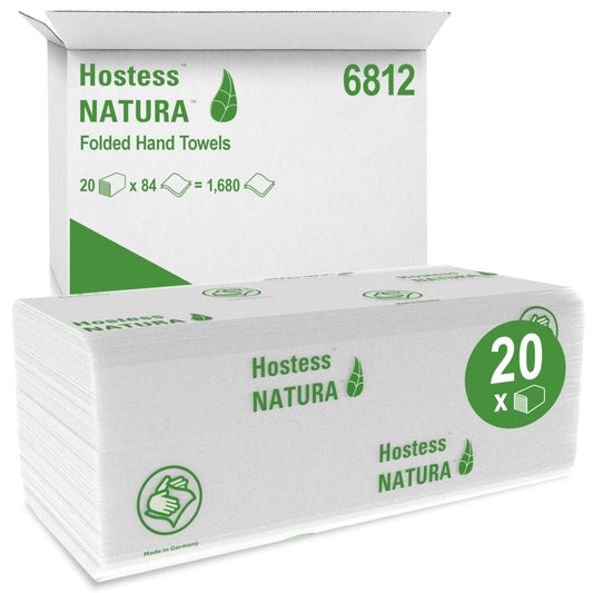 Eine Schachtel Hostess™ NATURA™ Handtücher von Kimberly-Clark GmbH enthält 20 Packungen mit 84 gefalteten weißen Handtüchern (insgesamt 1.680) in einer grün bedruckten Verpackung - ideale Papierhandtücher für den öffentlichen oder gewerblichen Gebrauch.