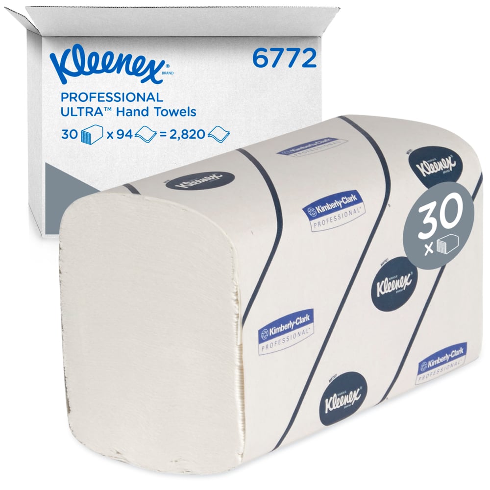 En æske Kleenex® Ultra™ håndklæder - Interfold/Hvid/Stor fra Kimberly-Clark GmbH indeholder 30 pakker med hver 94 ark, i alt 2.820 absorberende klude i hygiejnisk mærkepakning.