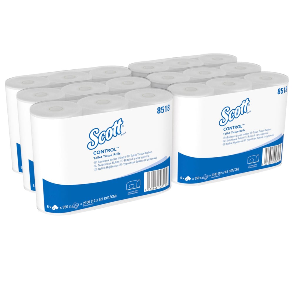 Sechs Packungen Scott® Control™ Toilettenpapier von Kimberly-Clark GmbH mit jeweils sechs kleinen weißen Rollen (350 Blatt pro Rolle) sind auf einem einfarbig weißen Hintergrund angeordnet, um Hygiene und Sauberkeit zu betonen.