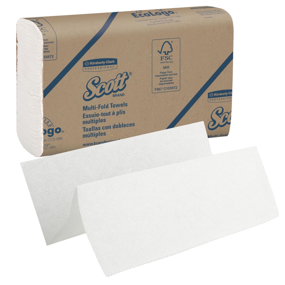 En kasse Scott® Håndklæder - MultiFold, Hvid, Medium, 16 clips x 250 ark fra Kimberly-Clark GmbH; afbildet med to udfoldede hvide håndklæder - ideel til hygiejnisk håndtørring.