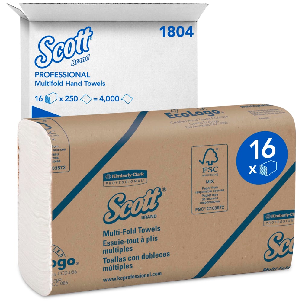 En hvid forsendelseskasse med påskriften "Scott® Håndklæder - MultiFold / Hvid" fra Kimberly-Clark GmbH indeholder 16 pakker med hver 250 ark (i alt 4.000 håndklæder) og tilbyder hygiejnisk håndtørring i en praktisk multipakke.