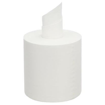 Nahaufnahme einer unbenutzten WypAll® Wettask™ PowerClean-Rolle (Weiß, 6 Nachfüllpackungen × 60 Blatt | Karton) der Kimberly-Clark GmbH, mit einem hochgezogenen Blatt - ideal für die professionelle Reinigung, aufrecht auf einem schlichten weißen Hintergrund dargestellt.