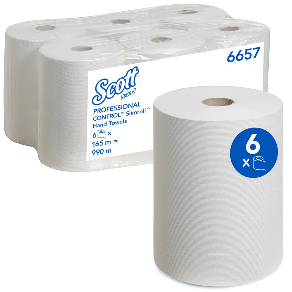 En kasse med seks Scott® Control™ Slimroll™ håndklæder fra Kimberly-Clark GmbH (hvid, 6 ruller), med en rulle foran, fem ruller i gennemsigtig plast og en blå cirkel med tallet seks på den forreste rulle.