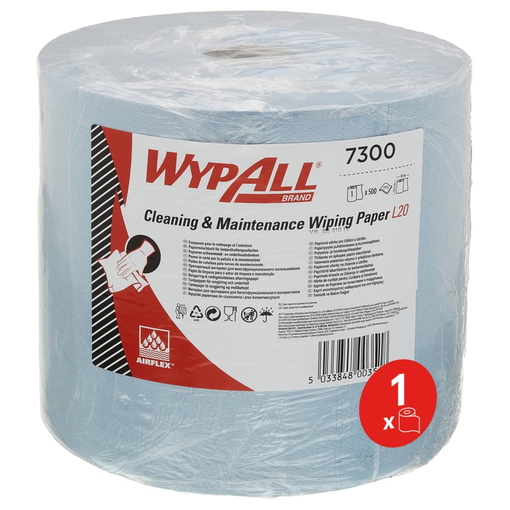 Das WypAll® L20 Papierwischtuch für Instandhaltungsarbeiten Großrolle in Blau von Kimberly-Clark GmbH enthält 1 Rolle mit 500 Tüchern, ist in Folie verpackt und trägt ein Label mit Produktinfos; ein rotes Symbol weist auf den Einzelrolleninhalt hin.