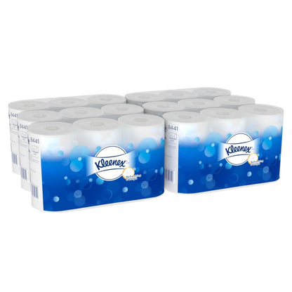 Kleenex® toiletpapir fra Kimberly-Clark GmbH indeholder 6 pakker med hver 6 hvide ruller (600 ark pr. rulle), altså i alt 36 ruller pr. kasse. Den blå emballage viser Kleenex-logoet og hvide luftboblemotiver.