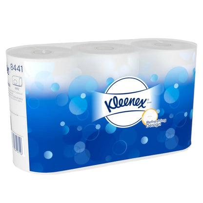 Kleenex® toiletpapir standard i hvid, 6 pakker x 6 små ruller med hver 600 ark pr. kasse fra Kimberly-Clark GmbH. Blødt, forfriskende toiletpapir i hvidt design med blå bobler og Kleenex-logo.