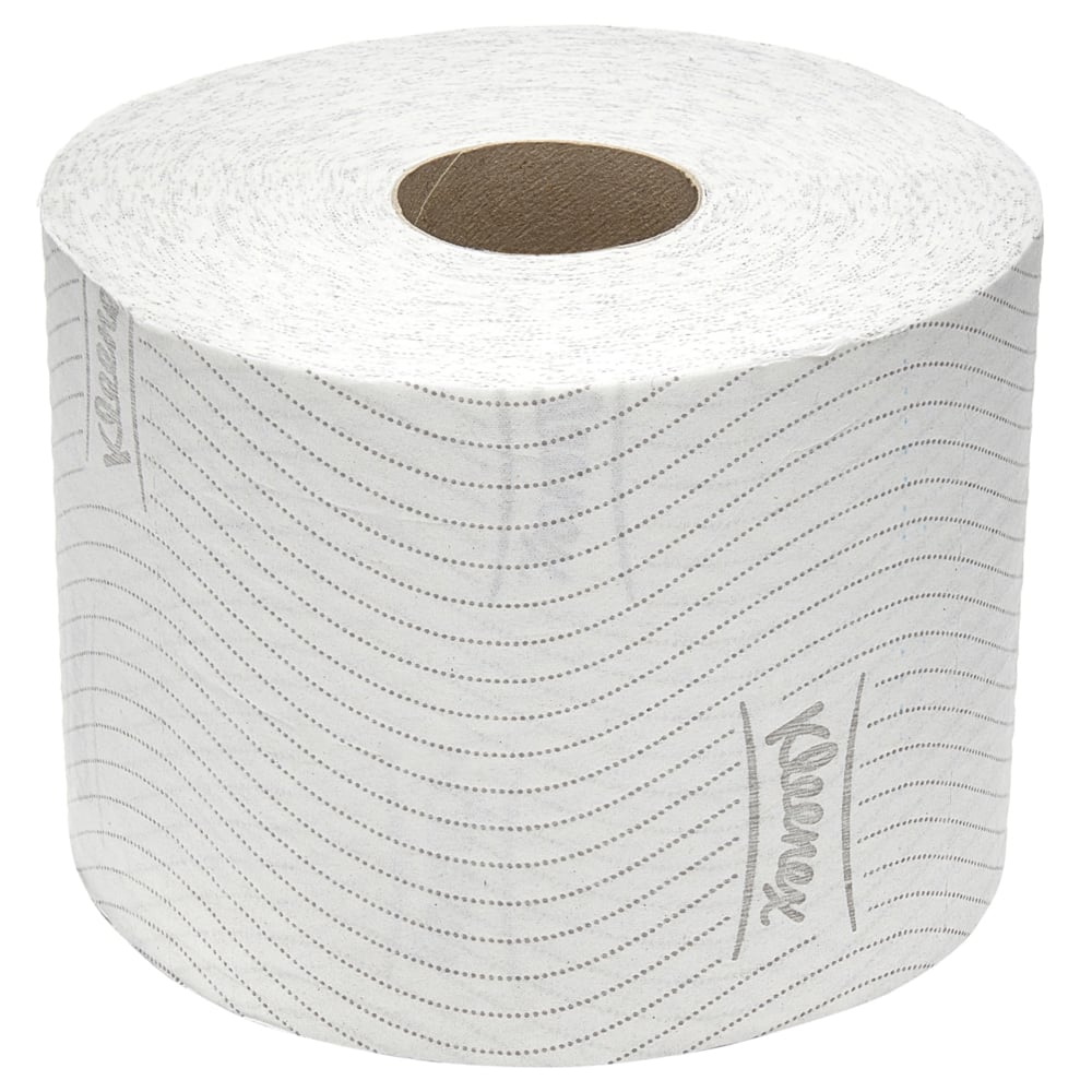 En pakke Kleenex® toiletpapir standard/hvid fra Kimberly-Clark GmbH indeholder 6 pakker med hver 6 små ruller (600 ark/rulle). Rullerne er dekoreret med et bølgemønster og et logo, der er afbildet ubenyttet på en ensfarvet hvid baggrund.