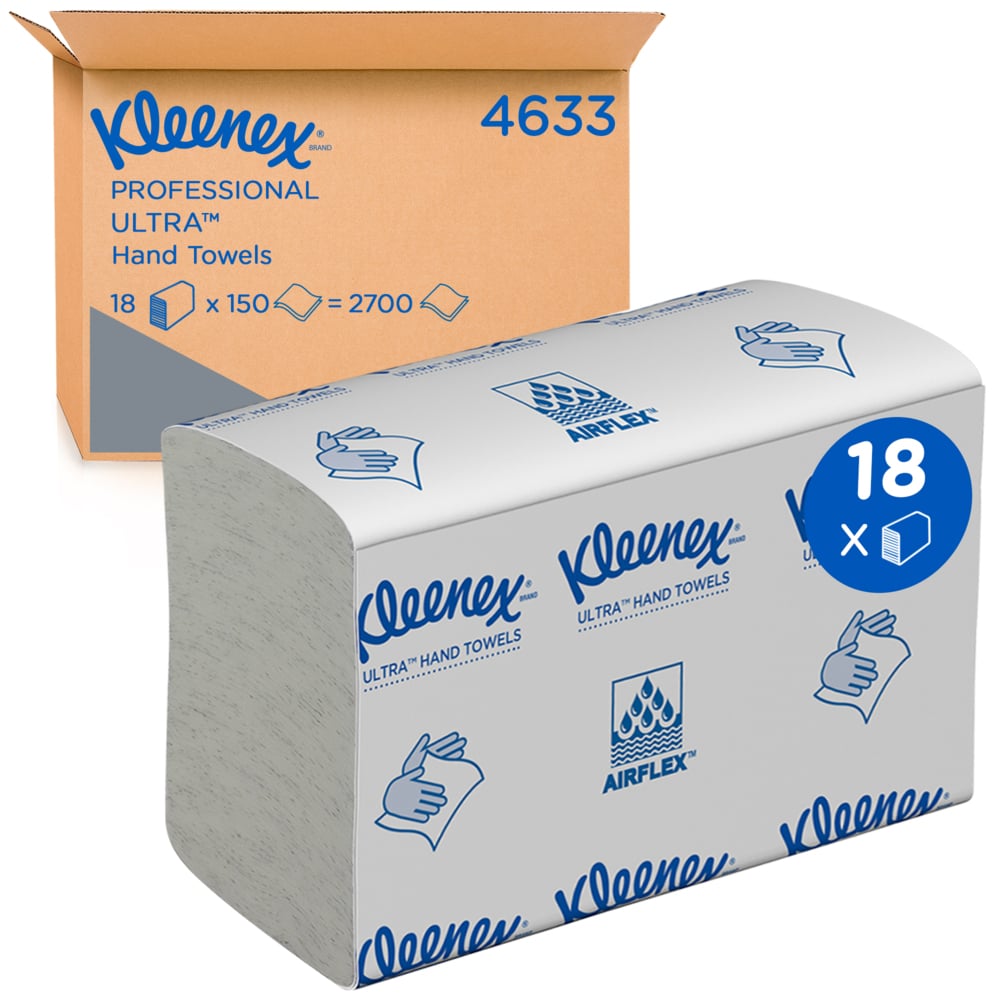 Afbildet er en stor pakke Kleenex® Ultra™ håndklæder MultiFold i hvid, lille, 18 clips x 150 ark fra Kimberly-Clark GmbH: en indpakket pakke foran en kasse med produktinformation og specifikationer for papirhåndklæderne MultiFold.