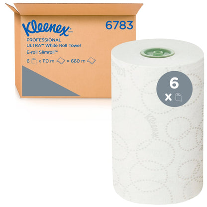 En kasse med påskriften "Kleenex® Ultra™ Rullehåndklæder - E-roll Slimroll™" fra Kimberly-Clark GmbH, med en stor 2-lags rulle på forsiden. Kassen indeholder 6 hvide ruller (hver 110 m), i alt 660 m pr. kasse (6 ruller).