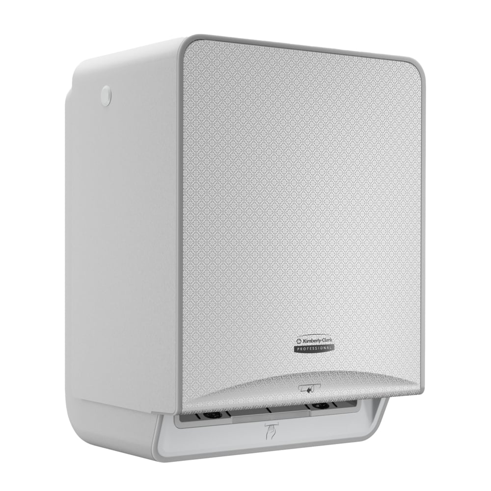 Der Kimberly-Clark Professional™ Icon™ Elektronische No Touch - Losse Module - Rolle / Silver Mosaic von Kimberly-Clark GmbH ist ein wandmontierter, berührungsloser Papierhandtuchspender mit einer strukturierten silbernen Mosaikfront und einer unteren Öffnung für die Handtuchausgabe.