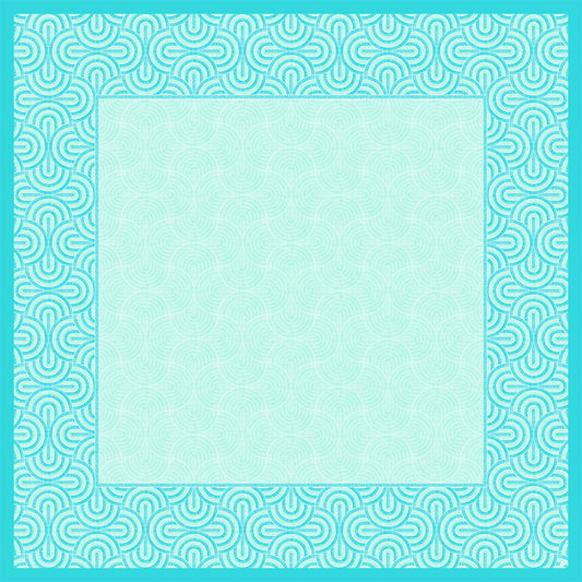 Eine quadratische Dunicel-Mitteldecke (84x84cm) der Duni GmbH, Breeze mintblau: weiß/mint-gewirbelter Rand, zartes helles Cyan-Wirbelzentrum. Ideal für frühlingshafte Tischdekoration; ohne Text oder Bilder. Packung à 20 Stück.