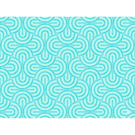 Symmetrisches geometrisches Muster mit sich überlappenden türkisfarbenen und hellblauen Halbkreisen auf Weiß, die ein modernes, sich wiederholendes Muster bilden - perfekt für Dunicel-Sets 30x40 von Duni GmbH.