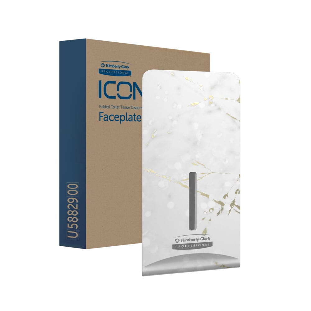 En rektangulær æske med teksten "Kimberly-Clark Professional™ Icon™ Dispenser Faceplate - FTT, 27,80 cm x 13,10 cm x 1,40 cm" står bag en hvid-guld marmoreret faceplate med åbning, begge varemærker fra Kimberly-Clark GmbH - perfekt til moderne toiletrum.