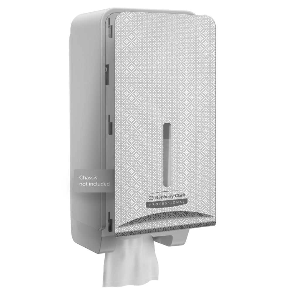 Kimberly-Clark Professional™ Icon™ Dispenser Faceplate - FTT fra Kimberly-Clark GmbH (27,80 cm x 13,10 cm x 1,40 cm) har en mønstret forside, en åbning til papirstand, en håndklædedispenser og teksten "Chassis not included". Ideel til høj kvalitets toiletrumsindretning.