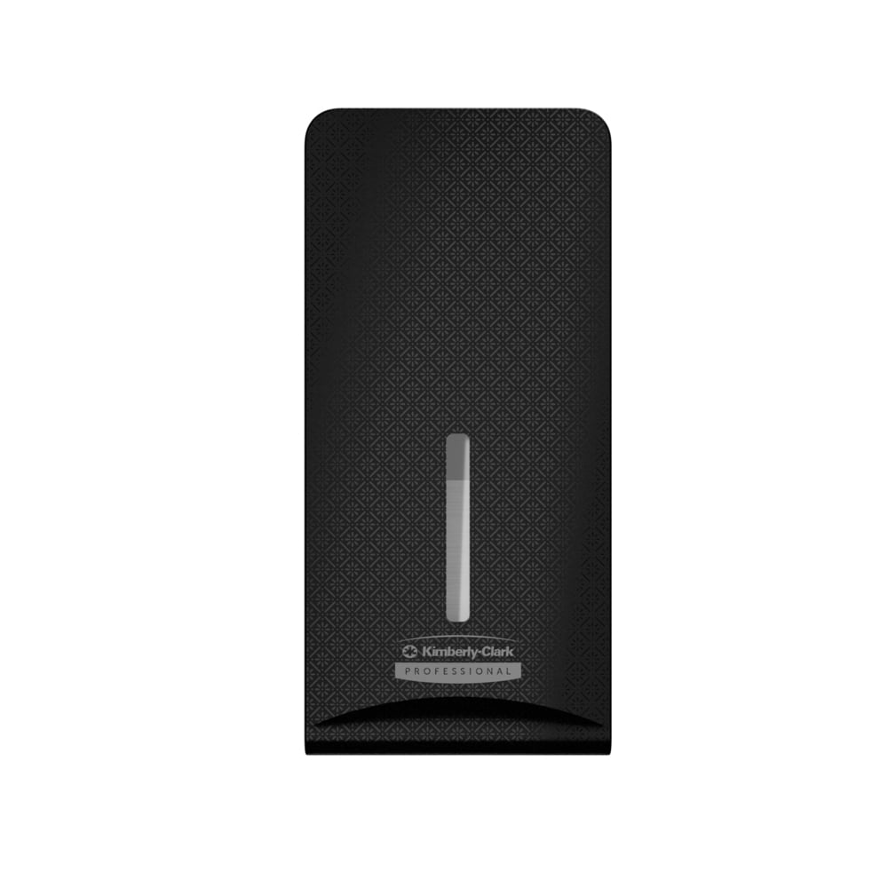 Kimberly-Clark Professional™ Icon™ Dispenser Faceplate - FTT (27,80 x 13,10 x 1,40 cm) fra Kimberly-Clark GmbH kendetegnes ved et struktureret sort design med et vertikalt vindue, ideel til moderne toiletrum, isoleret på hvidt baggrund.