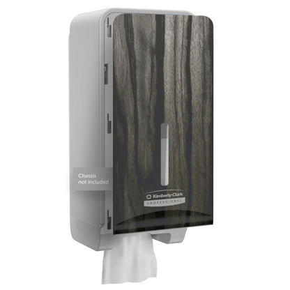 Kimberly-Clark Professional™ Icon™ Dispenser Faceplate (FTT, 27,80 x 13,10 x 1,40 cm) fra Kimberly-Clark GmbH, i et mørkt, halvgennemsigtigt design med hvidt håndklæde, ideel til moderne toiletter. Bemærkninger til etiketten: Chassis ikke inkluderet.