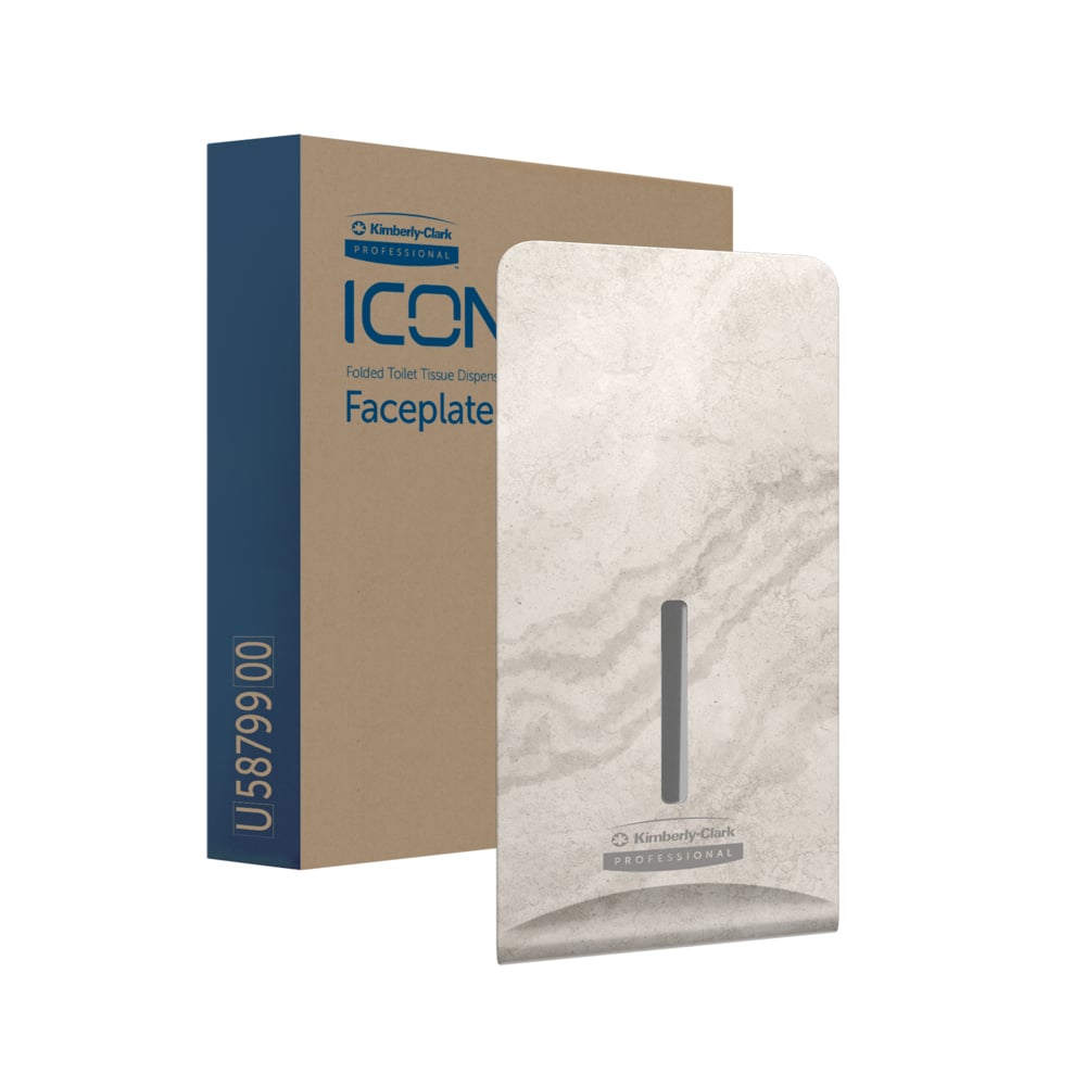 Kimberly-Clark Professional™ Icon™ Dispenser Faceplate - FTT (27,80 x 13,10 x 1,40 cm) fra Kimberly-Clark GmbH i beige marmor er afbildet med sin brune og blå emballage og passer ideelt til moderne toiletrumsindretning.