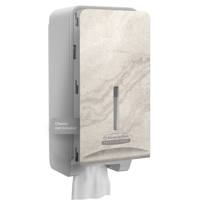 Kimberly-Clark Professional™ Icon™ Dispenser Faceplate - FTT fra Kimberly-Clark GmbH har en beige marmoreret forside, et vertikalt vindue og en etiket med teksten "Chassis ikke inkluderet" - perfekt til et moderne toiletrumsdesign. Størrelse: 27,80 x 13,10 x 1,40 cm.