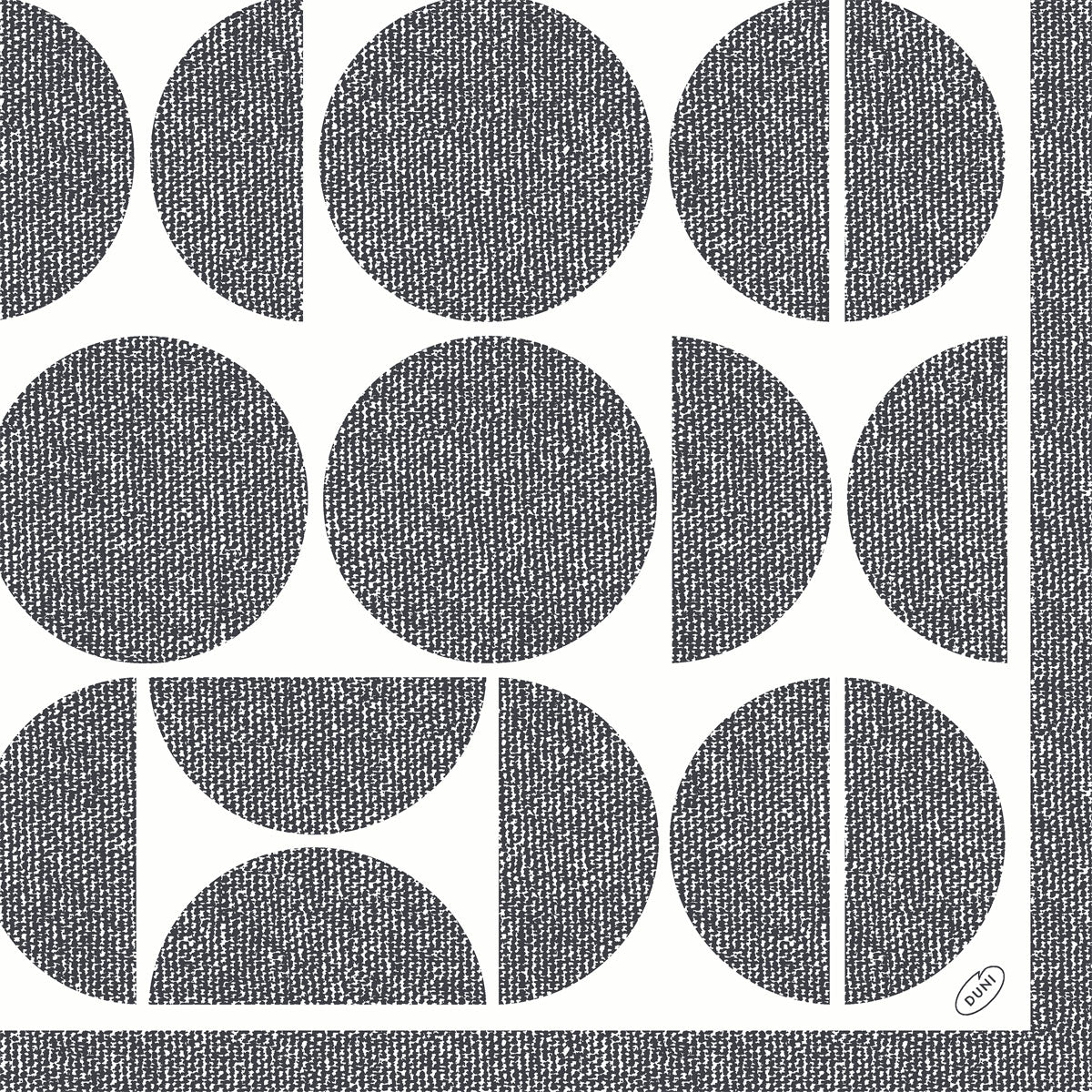 Ein markantes geometrisches Muster aus schwarzen Kreisen und Halbkreisen mit Kreuzschraffur ziert die Dunisoft-Servietten 40 x 40 cm 1/4 Falz der Duni GmbH, schwarz umrandet für modernes Flair.