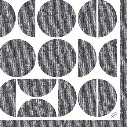 Ein markantes geometrisches Muster aus schwarzen Kreisen und Halbkreisen mit Kreuzschraffur ziert die Dunisoft-Servietten 40 x 40 cm 1/4 Falz der Duni GmbH, schwarz umrandet für modernes Flair.