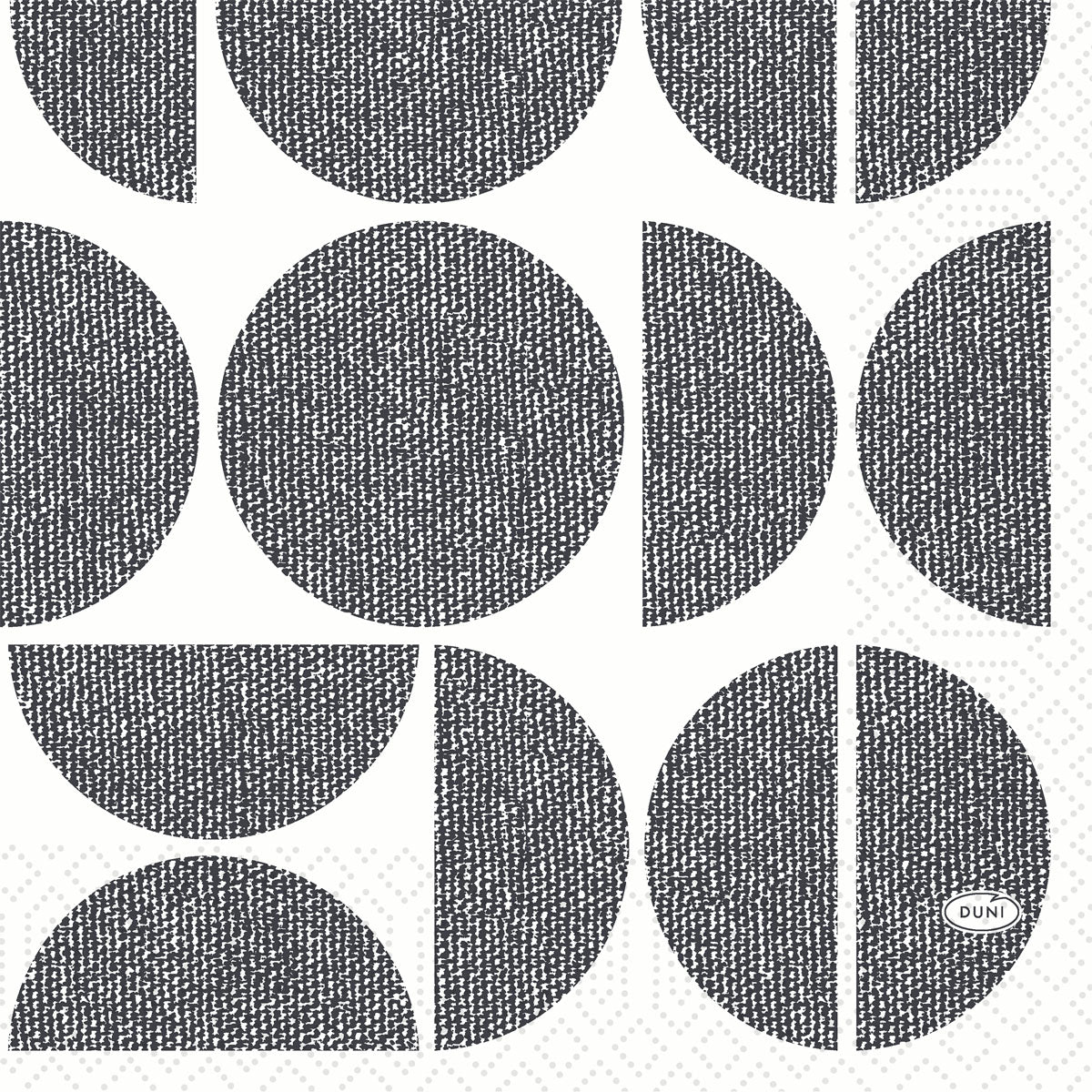 Duni GmbH Zellt.Serv.33x33 3lg 1/4 Formen viser sorte strukturerede cirkler, halvcirkler og kvartcirkler på hvid, et vævet design og et ovalt "DUNI"-logo, alsidigt anvendelig. Størrelse: 33x33 cm. Pakke: 250 servietter.