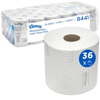 En stor pakke Kleenex® toiletpapir fra Kimberly-Clark GmbH: 6 pakker med hver 6 små ruller (600 ark pr. rulle), afbildet foran en kasse. På emballagen ses produktinformationer og tallet "36" i en blå cirkel.