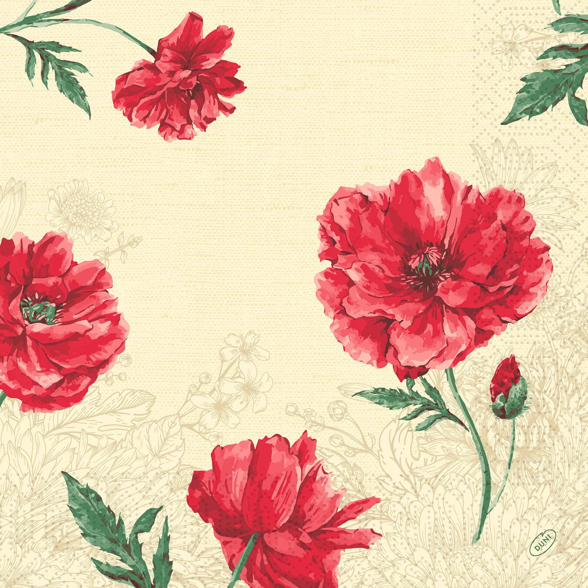 Vintage håndmalet Monique Design: store røde blomster med grønne blade på beige, sart blomsterbaggrund. Duni GmbH Zellt Servietter, 3-lags, 40x40 cm, pakke med 250 stykker.