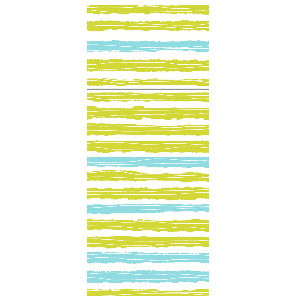 Ein vertikales Muster aus ungleichmäßigen gelb-grünen, aqua-blauen und weißen Streifen mit handgezeichneten Kanten auf Weiß - perfekt für das Duniletto-Slim 40x33cm der Duni GmbH. Die Streifenfolge wiederholt sich auf dem Bild.