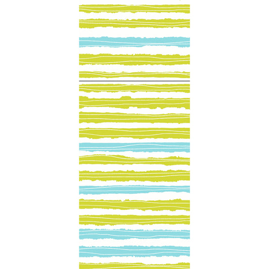 Ein vertikales Muster aus ungleichmäßigen gelb-grünen, aqua-blauen und weißen Streifen mit handgezeichneten Kanten auf Weiß - perfekt für das Duniletto-Slim 40x33cm der Duni GmbH. Die Streifenfolge wiederholt sich auf dem Bild.