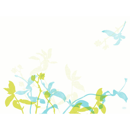 Minimalistische grüne und hellblaue Pflanzenstängel mit einem hellblauen Vogel auf Weiß - ideal für Dunicel-Sets 30x40 cm Elise von Duni GmbH. Hochwertige Tischsets für Events, erhältlich als Packung mit 100 Stück.