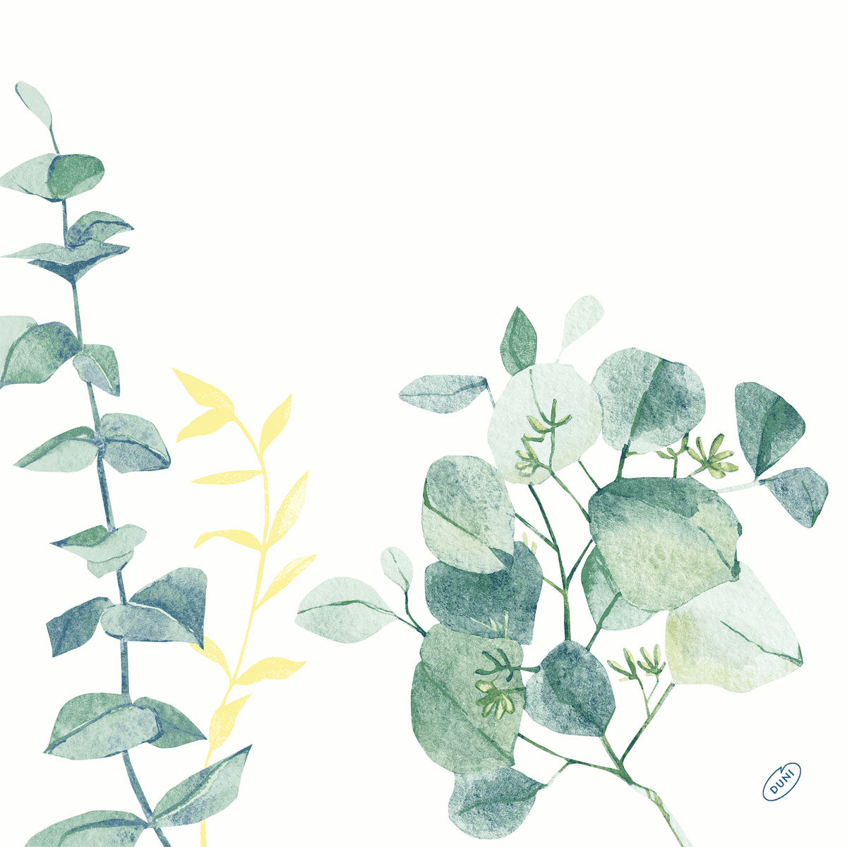 Eine botanische Aquarell-Illustration mit grünen und gelben Blätterzweigen auf Weiß, ideal für Dunisoft-Servietten 40 x 40 cm 1/4 Falz der Duni GmbH.