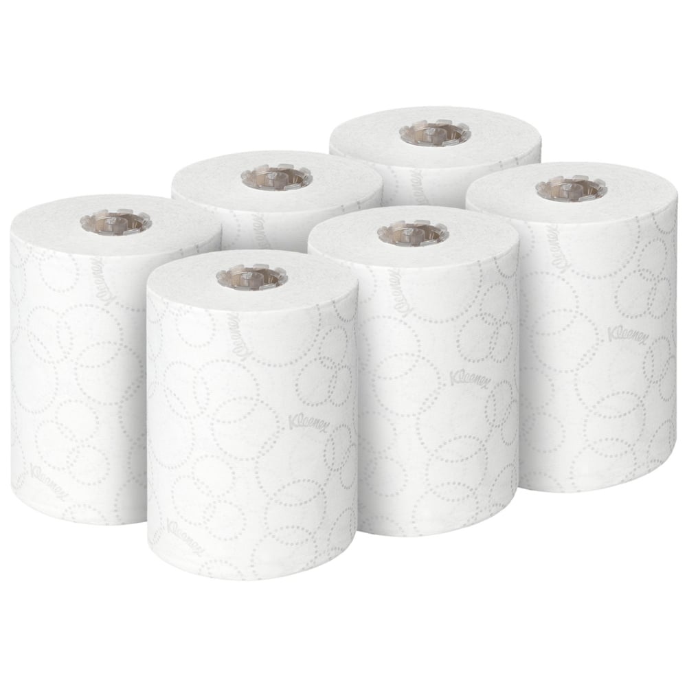 Seks hvide ruller Kleenex® Ultra™ Slimroll™ håndklæder fra Kimberly-Clark GmbH er arrangeret i to rækker af tre - ideel til smalle dispensersystemer - foran en simpel hvid baggrund.