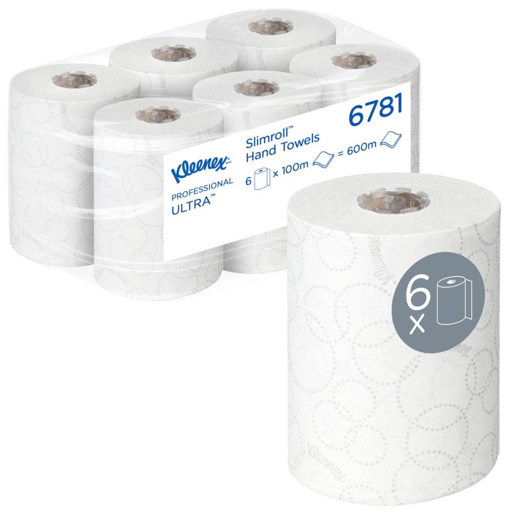 En kasse med 6 Kleenex® Ultra™ Slimroll™ håndklæder fra Kimberly-Clark GmbH, hver hvid rulle 100m, ideel til smalle dispensersystemer. En rulle er separat afbildet med et "6x" og rullesymbol på etiketten.