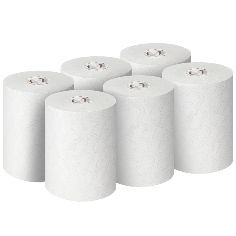 Seks ubrugte hvide Scott® CONTROL EXTRA STRONG håndklæderuller fra Kimberly-Clark GmbH er arrangeret i to rækker af tre, der hver viser den synlige kerne og de stabile ekstra stærke ark. Pakke: 6 ruller/karton.