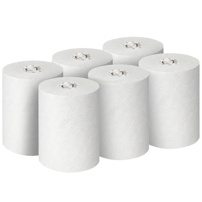 Seks ubrugte hvide Scott® CONTROL EXTRA STRONG håndklæderuller fra Kimberly-Clark GmbH er arrangeret i to rækker af tre, der hver viser den synlige kerne og de stabile ekstra stærke ark. Pakke: 6 ruller/karton.