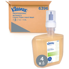 En æske fra Kimberly-Clark GmbH med teksten "Kleenex® Botanics™ Luxury Foam Hand Wash - 1.2L Kassette / 4 Elektroniske Kassetter" står med en 1.2L refillpakning foran, begge med Kleenex®-logoet og produktinformationer.