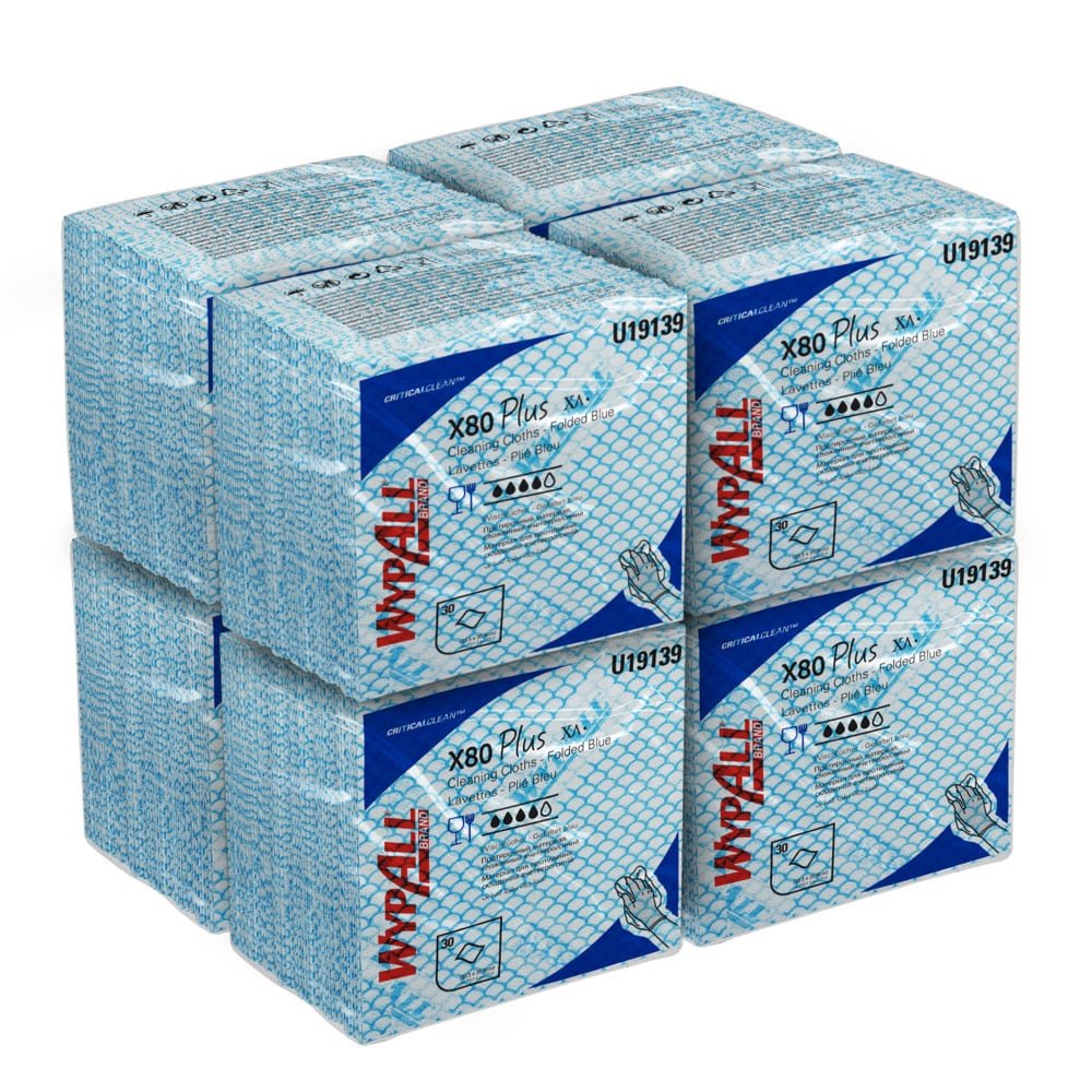 Otte pakker WypAll® X80 Plus Critical Clean klude fra Kimberly-Clark GmbH med hver 30 blå, kvartfoldede ark i en blå-hvid mærkeemballage - perfekt til kritiske miljøer.