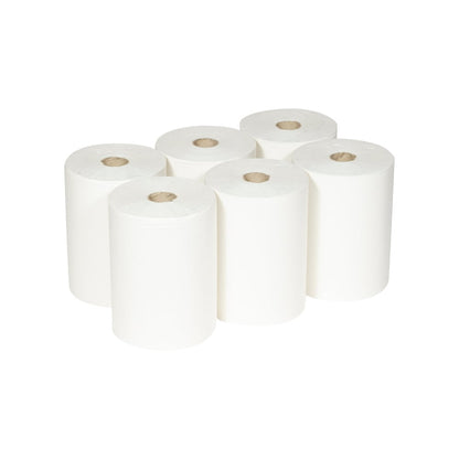Seks Scott® Slimroll™ håndklæder fra Kimberly-Clark GmbH ligger i to rækker på hvid baggrund; de cylindriske og absorberende papirhåndklæder viser en brun papkerne i midten.