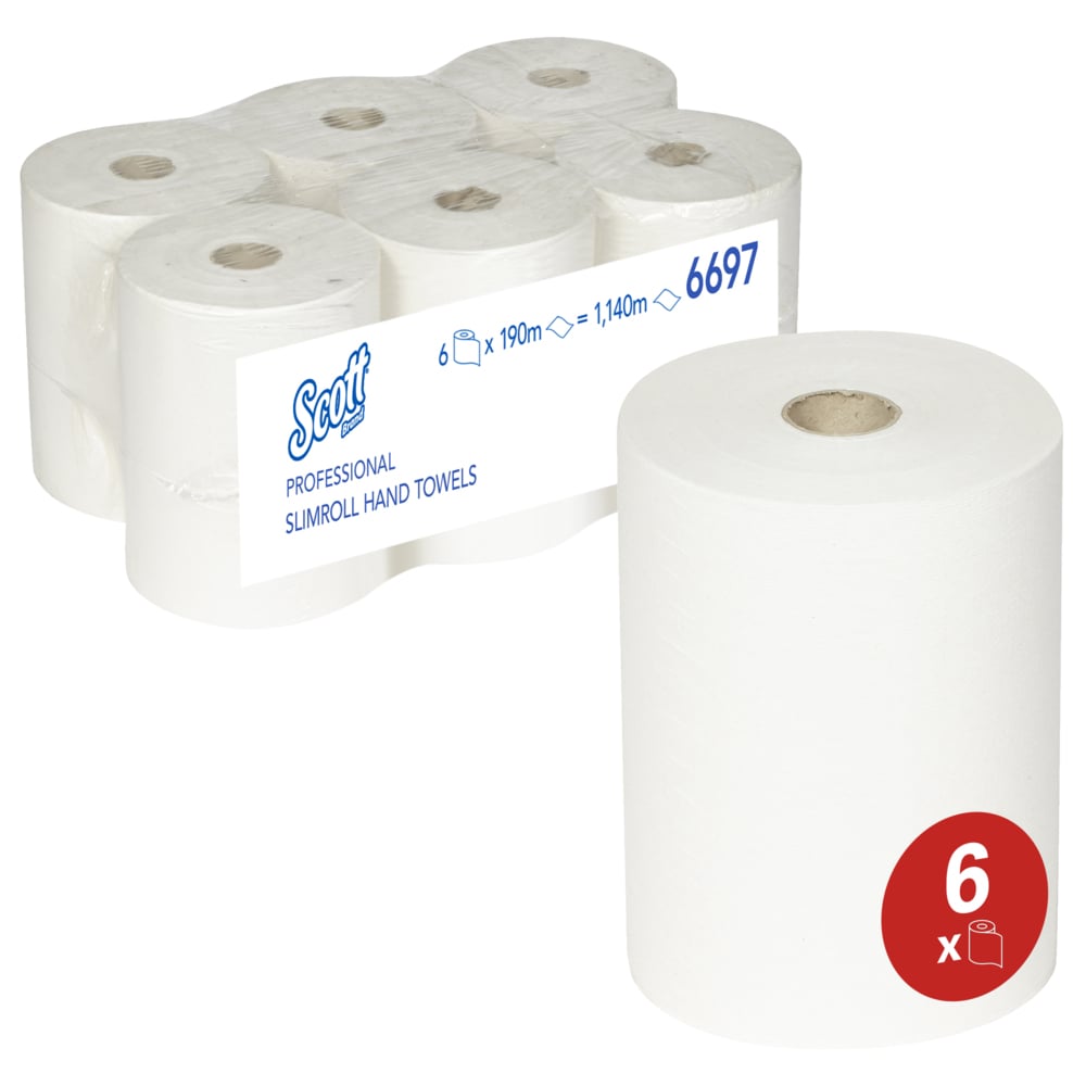 Seks Scott® Slimroll™ håndklæder fra Kimberly-Clark GmbH er pladsbesparende pakket i klar folie. Det absorberende håndklæde med 6-pak-rødt-symbol er synligt - perfekt til professionelle anvendelser.