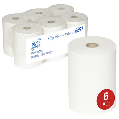 Seks Scott® Slimroll™ håndklæder fra Kimberly-Clark GmbH er pladsbesparende pakket i klar folie. Det absorberende håndklæde med 6-pak-rødt-symbol er synligt - perfekt til professionelle anvendelser.