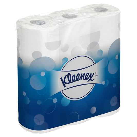 Ein Karton Kleenex® Toilettenpapierrollen von Kimberly-Clark GmbH enthält 8 Packungen mit jeweils 9 kleinen weißen Rollen und 195 Blatt pro Rolle - insgesamt 72 Toilettenpapierrollen pro Karton.