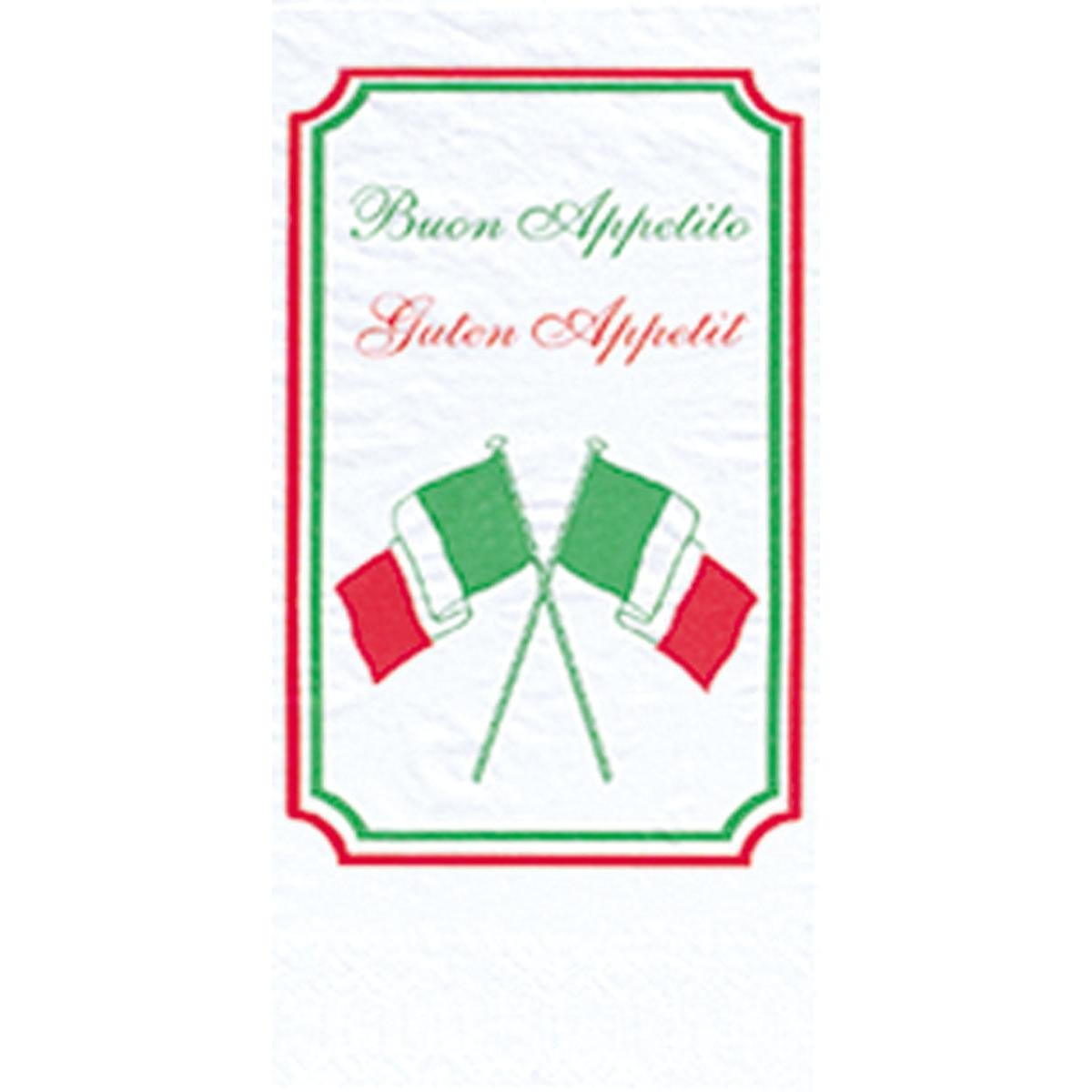 Duni GmbH Zelltallerken 40x40 mm, 2-lags - Buon Appetito Design viser to krydsede italienske flag og "Buon Appetito" (grøn) med "God appetit" (rød), alt indrammet af en grøn-rød kant. Pakke: 300 servietter.