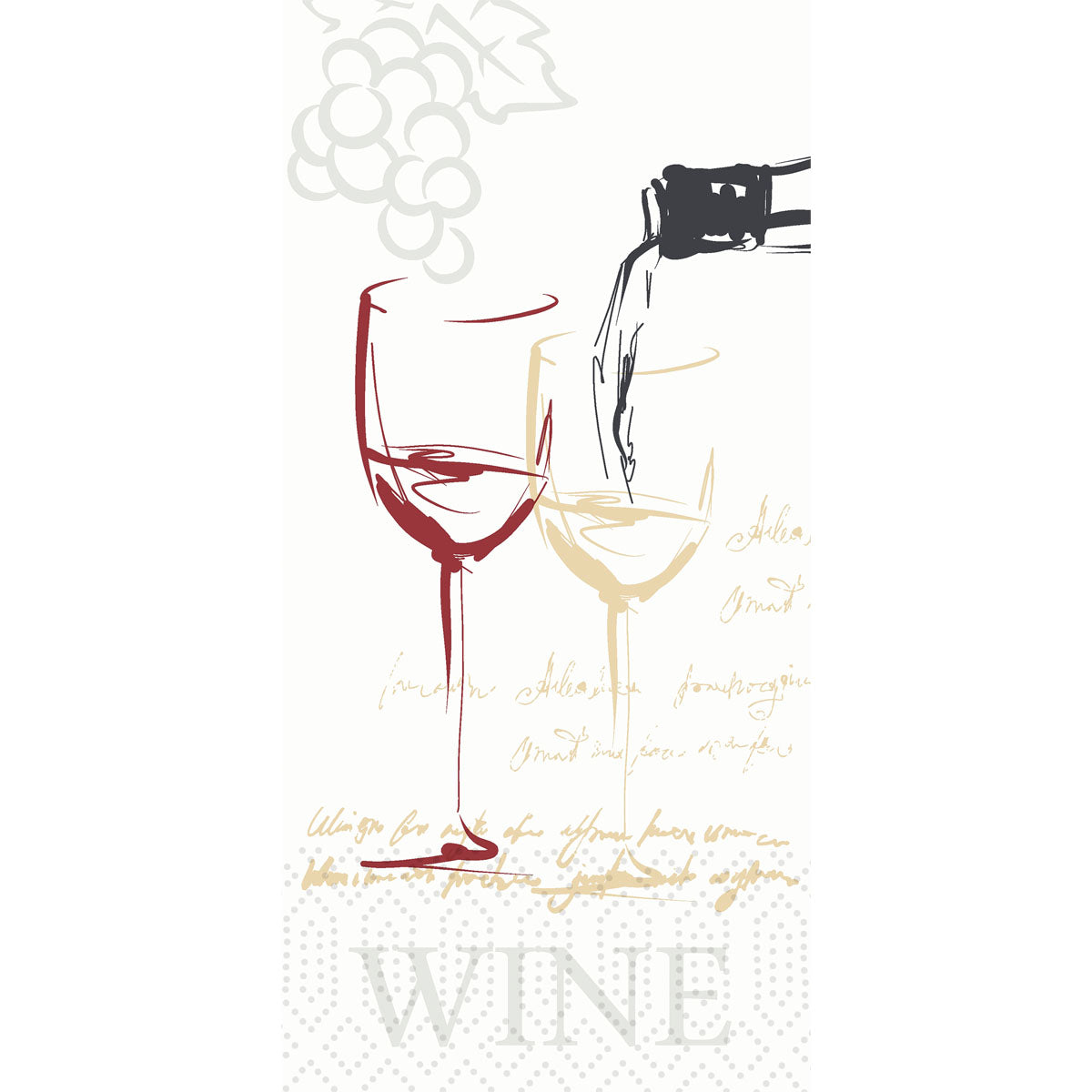 En skitse af to vinglas, et af dem fyldt, druer og skriftdesign samt "WINE" nederst, pryder Duni GmbH udløbsvarer Zellt.Serv. 33x33cm 2-lags (300 servietter/pakke).